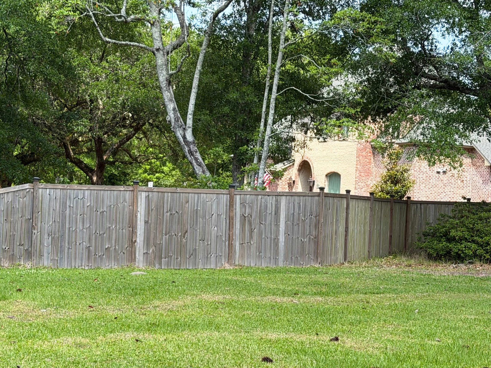 Exposed post privacy fence three years later still holding clean lines